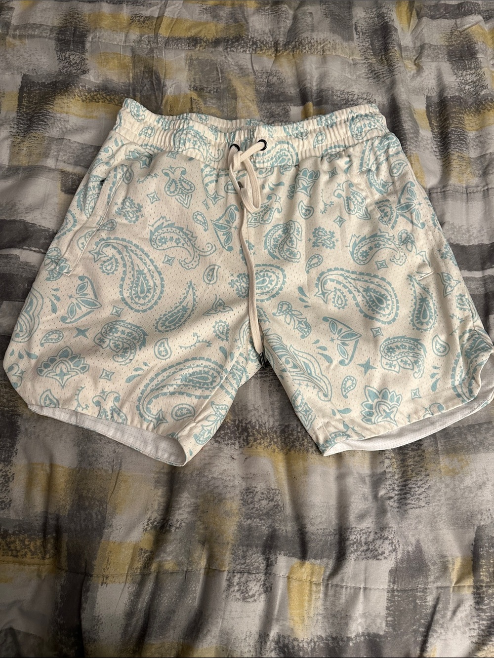 Men's Paisley Swim Trunks in Light Teal and White - Casual Quick-Dry